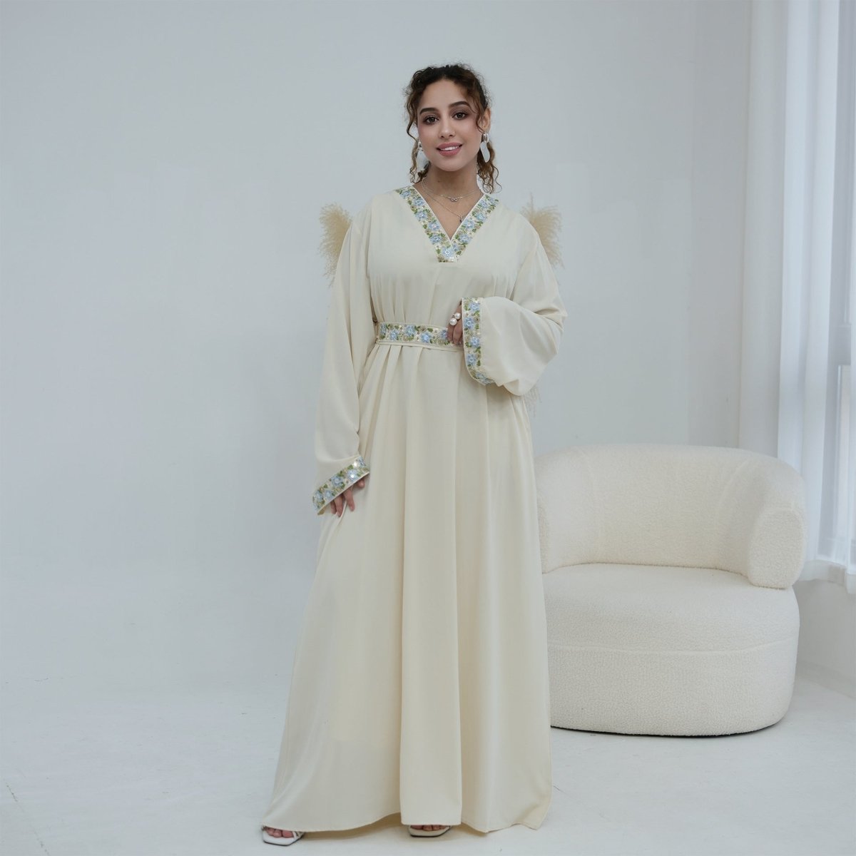 Floral Embroidered V-Neck Nida Maxi Dress(MA448)