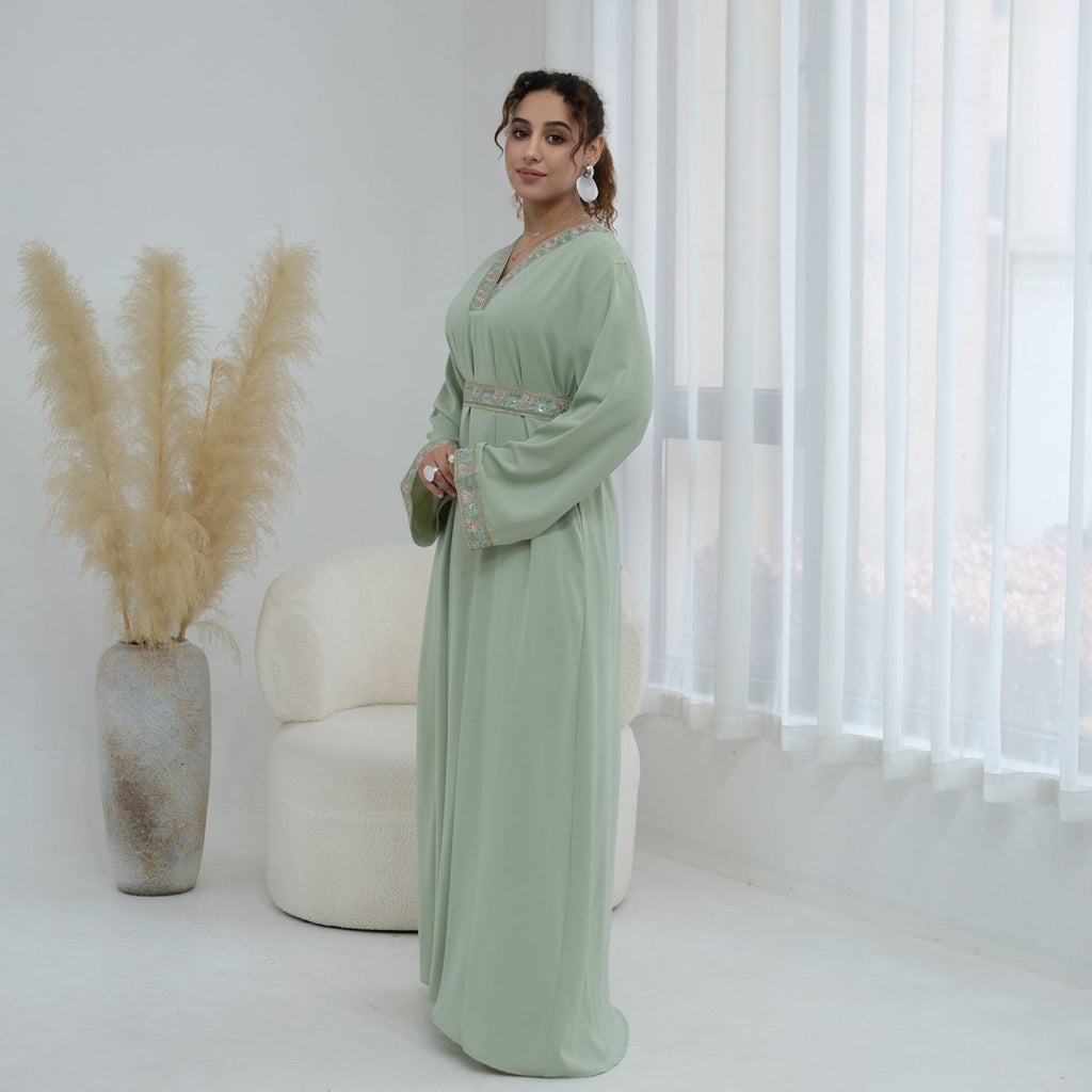 Floral Embroidered V-Neck Nida Maxi Dress(MA448)