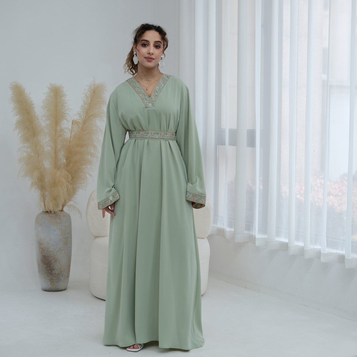 Floral Embroidered V-Neck Nida Maxi Dress(MA448)