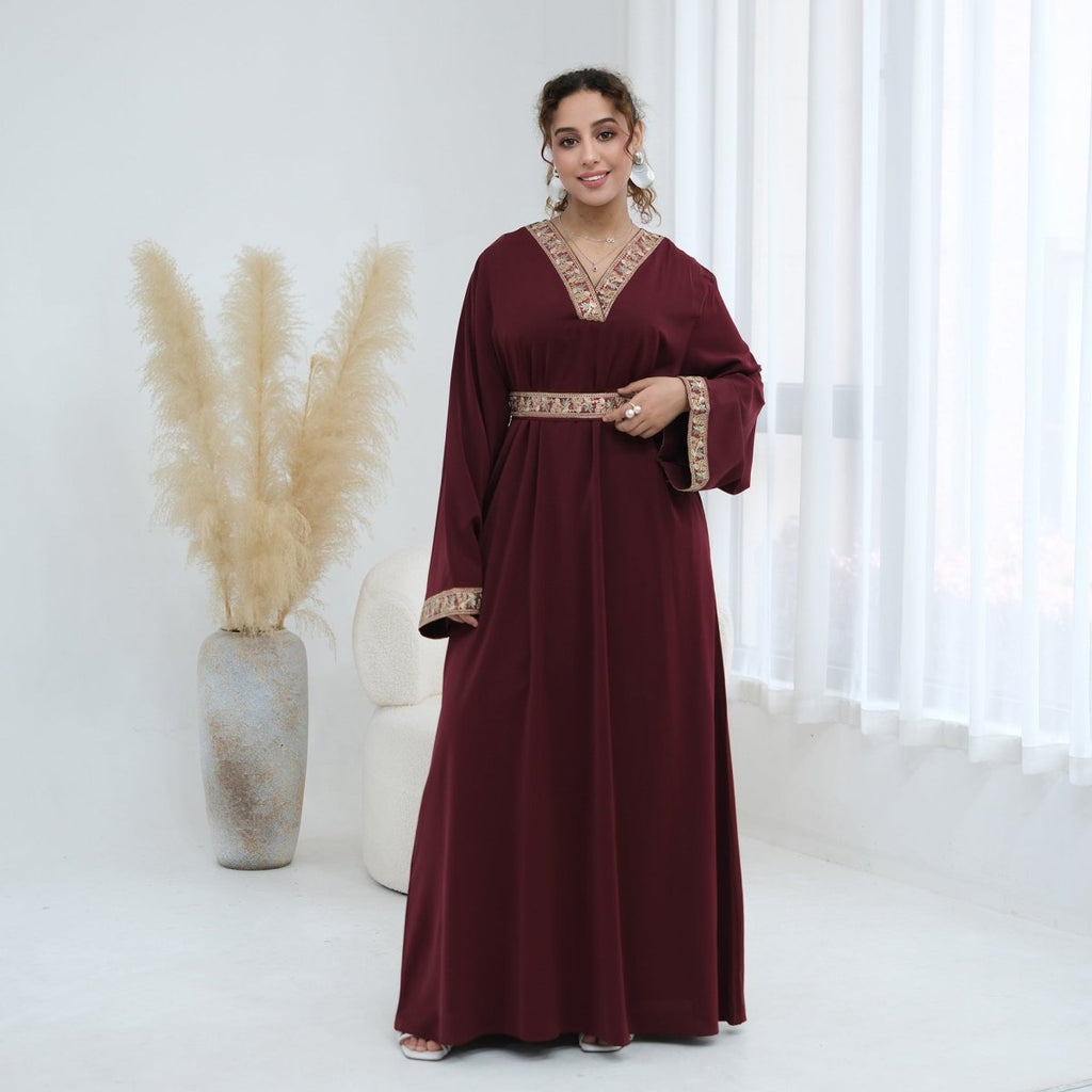 Floral Embroidered V-Neck Nida Maxi Dress(MA448)
