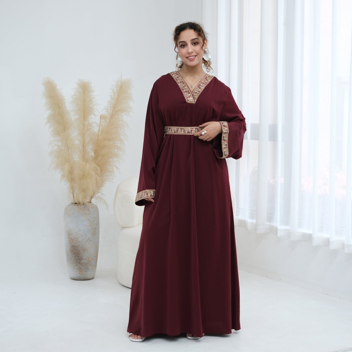 Floral Embroidered V-Neck Nida Maxi Dress(MA448)