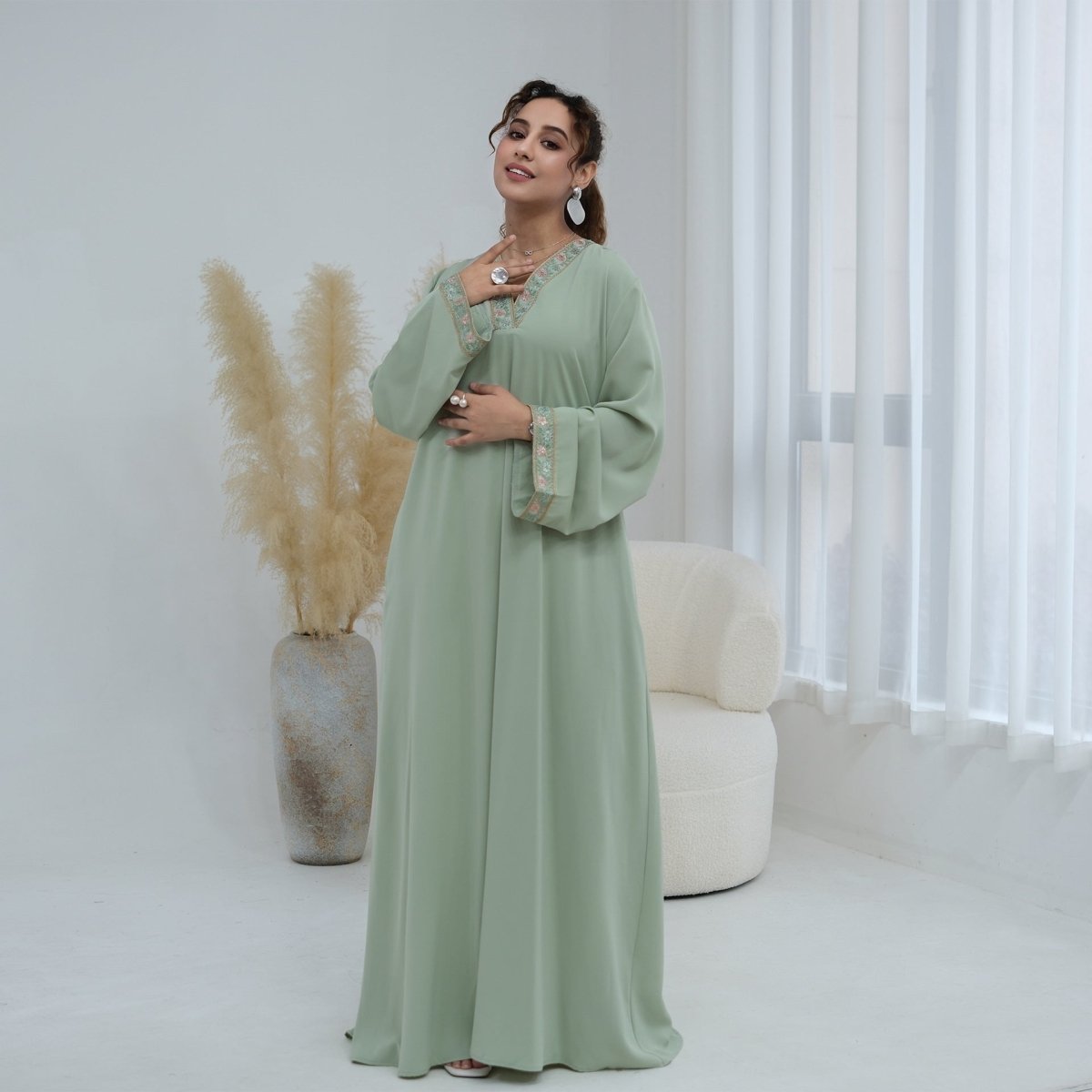 Floral Embroidered V-Neck Nida Maxi Dress(MA448)