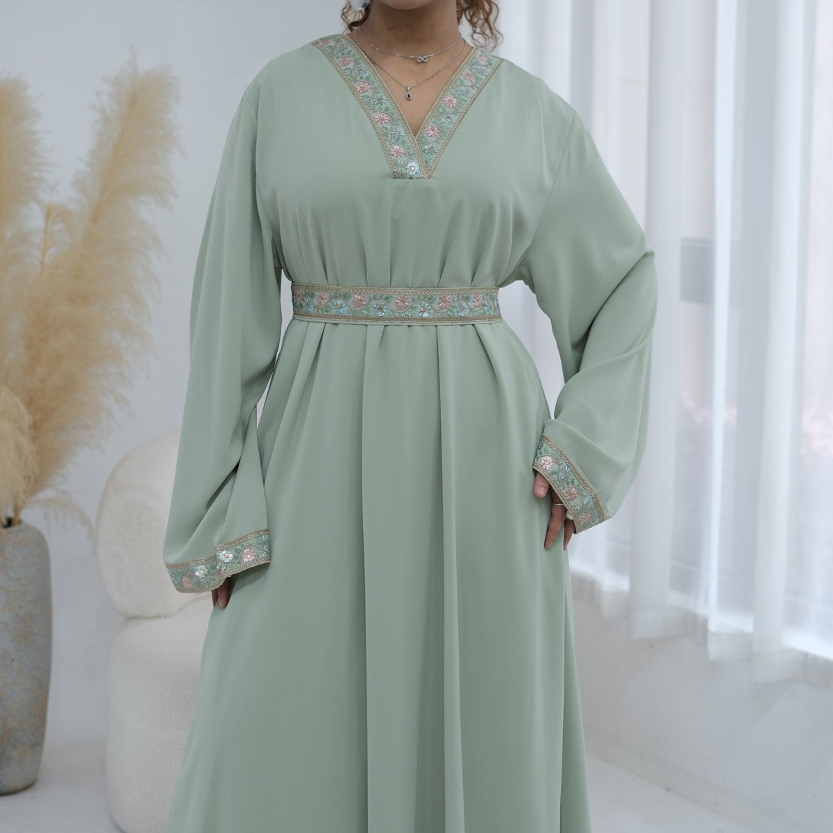 Floral Embroidered V-Neck Nida Maxi Dress(MA448)