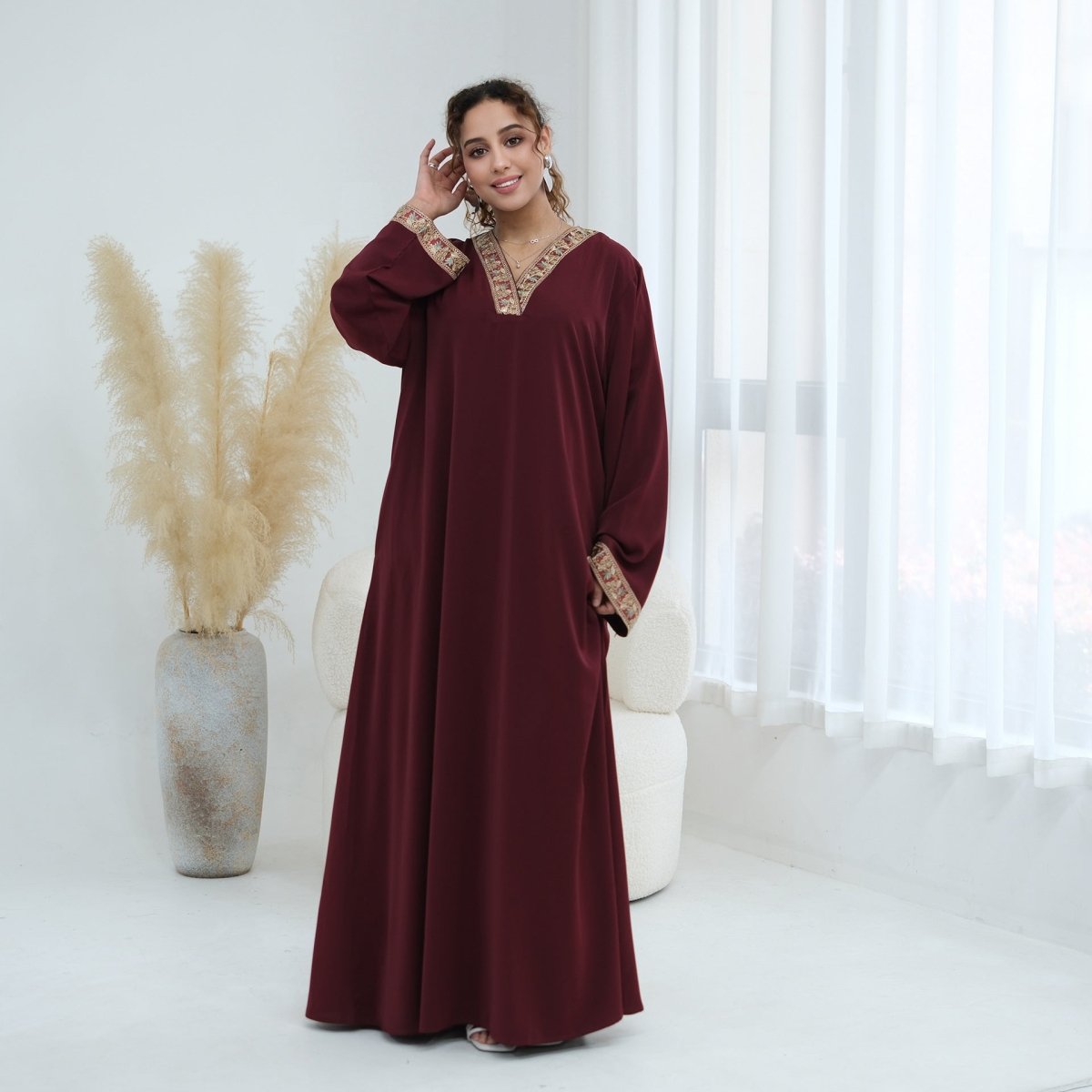 Floral Embroidered V-Neck Nida Maxi Dress(MA448)