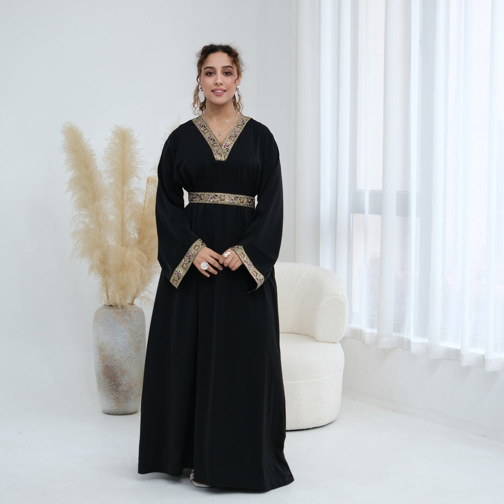 Floral Embroidered V-Neck Nida Maxi Dress(MA448)