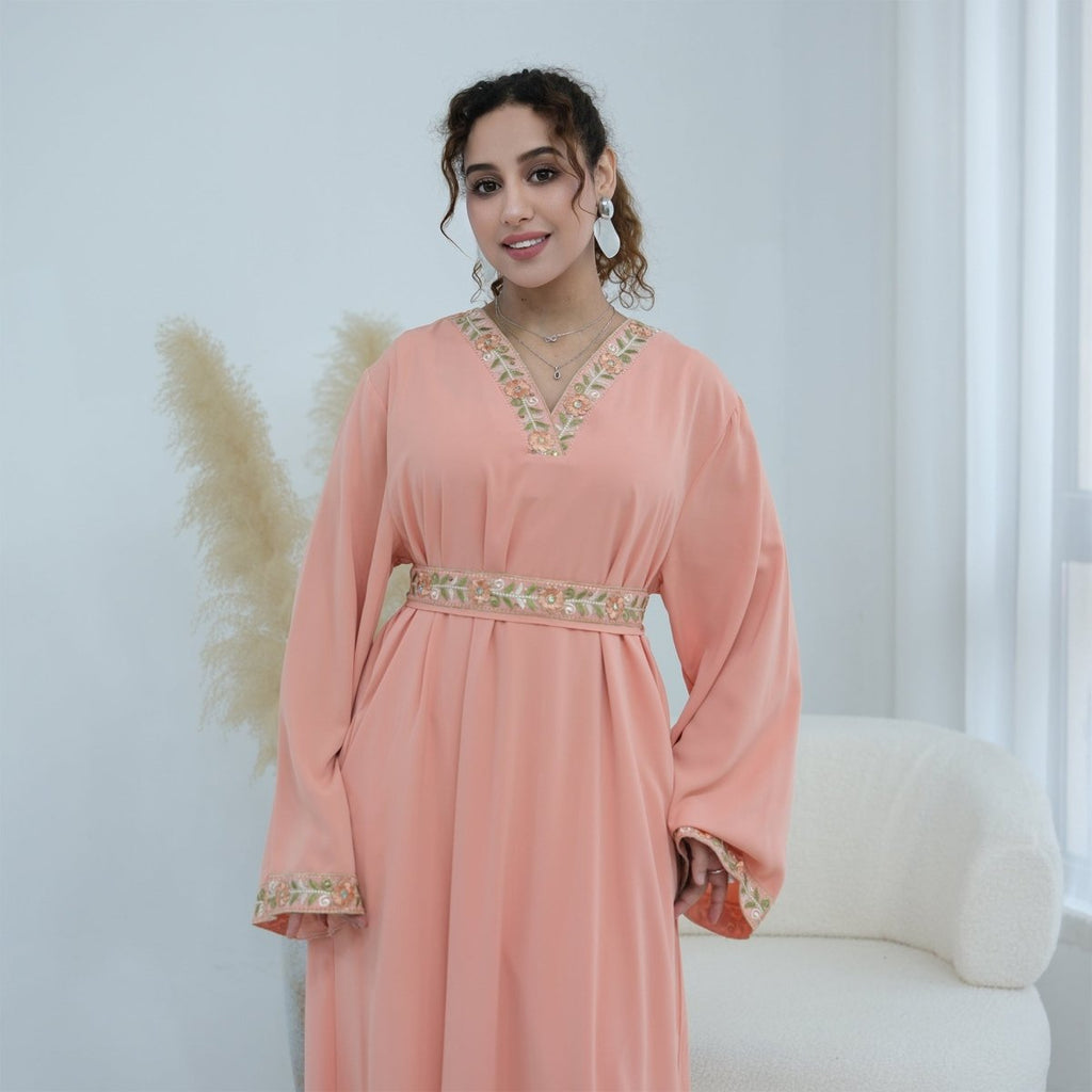 Floral Embroidered V-Neck Nida Maxi Dress(MA448)