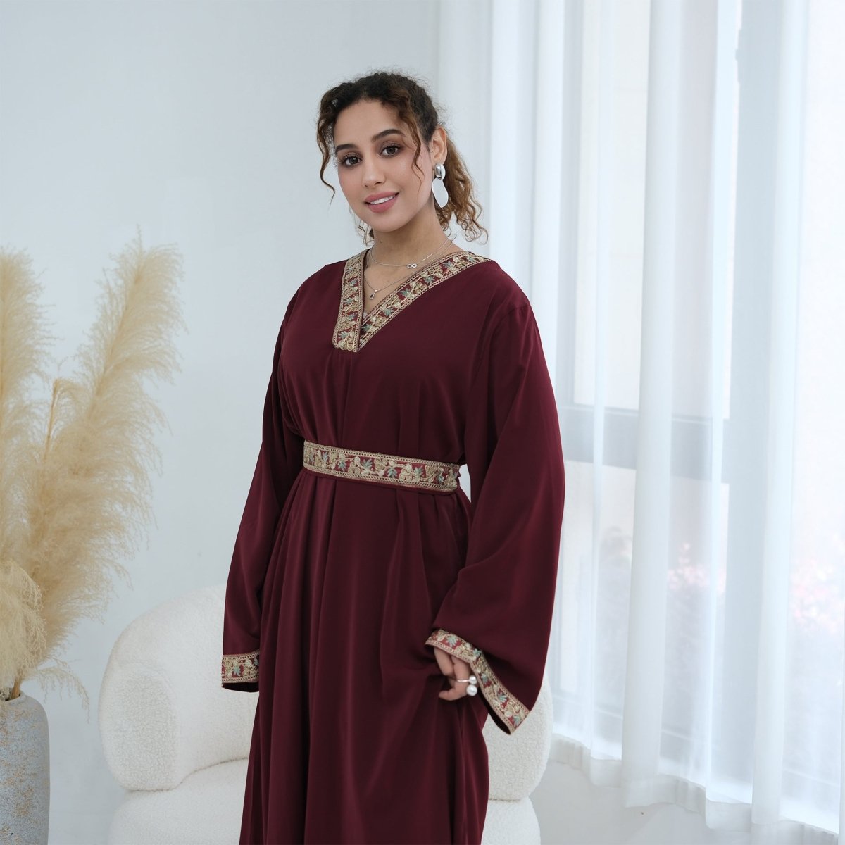 Floral Embroidered V-Neck Nida Maxi Dress(MA448)