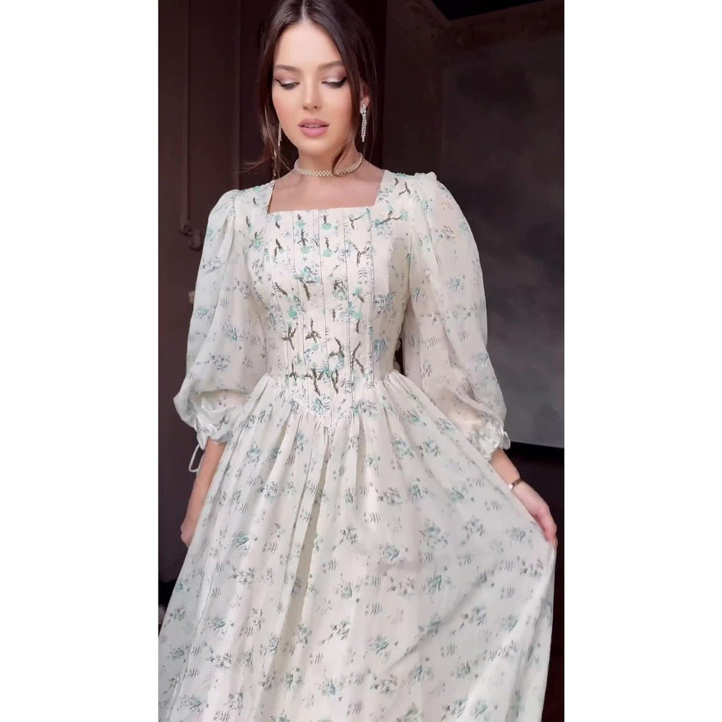 Floral Fairy Romantic Square Neck Bubble Sleeve Gown Dress Abaya with Back Lace-Up Detail (MA224)