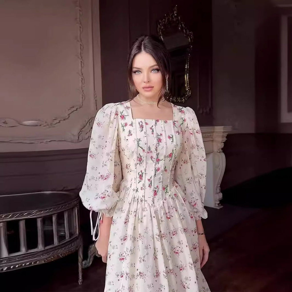 Floral Fairy Romantic Square Neck Bubble Sleeve Gown Dress Abaya with Back Lace-Up Detail (MA224)