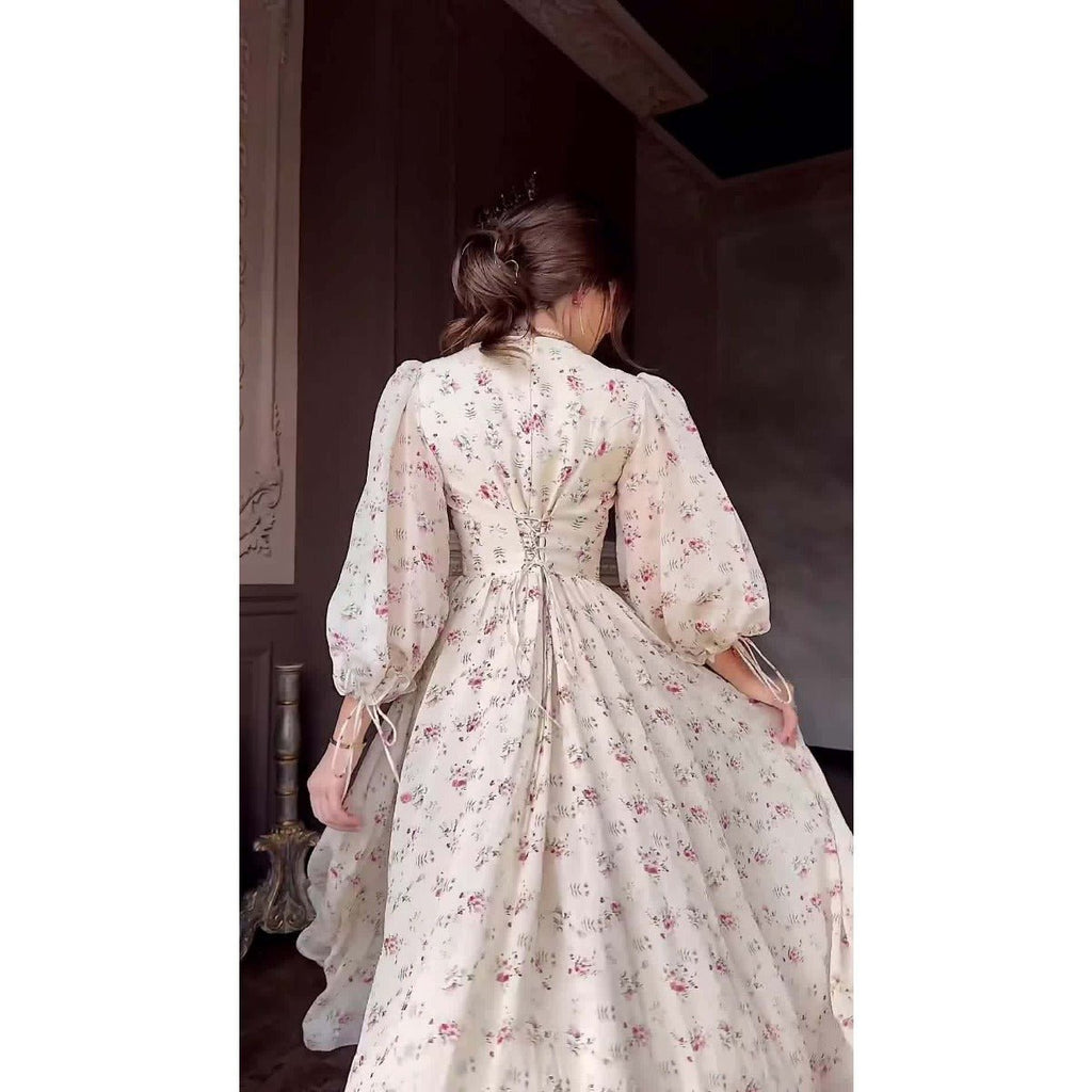 Floral Fairy Romantic Square Neck Bubble Sleeve Gown Dress Abaya with Back Lace-Up Detail (MA224)
