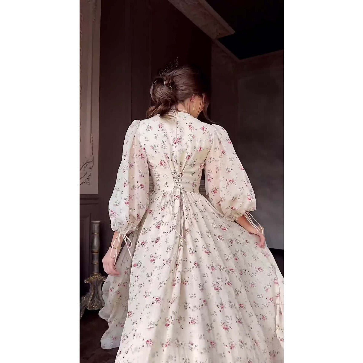 Floral Fairy Romantic Square Neck Bubble Sleeve Gown Dress Abaya with Back Lace-Up Detail (MA224)