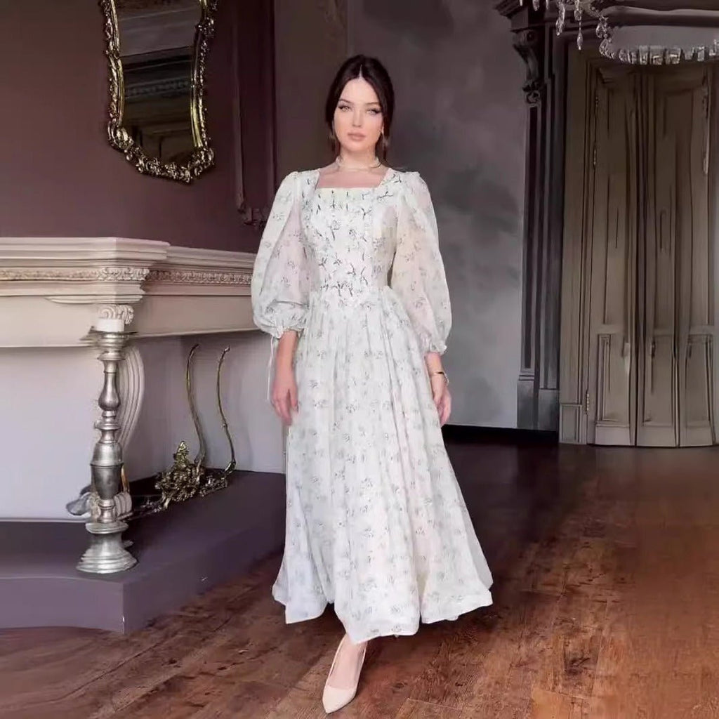 Floral Fairy Romantic Square Neck Bubble Sleeve Gown Dress Abaya with Back Lace-Up Detail (MA224)