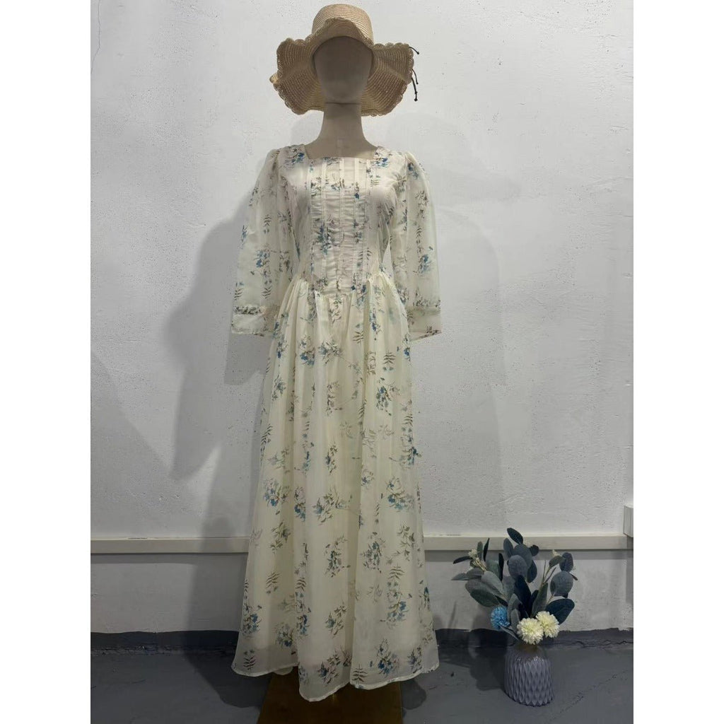 Floral Fairy Romantic Square Neck Bubble Sleeve Gown Dress Abaya with Back Lace-Up Detail (MA224)