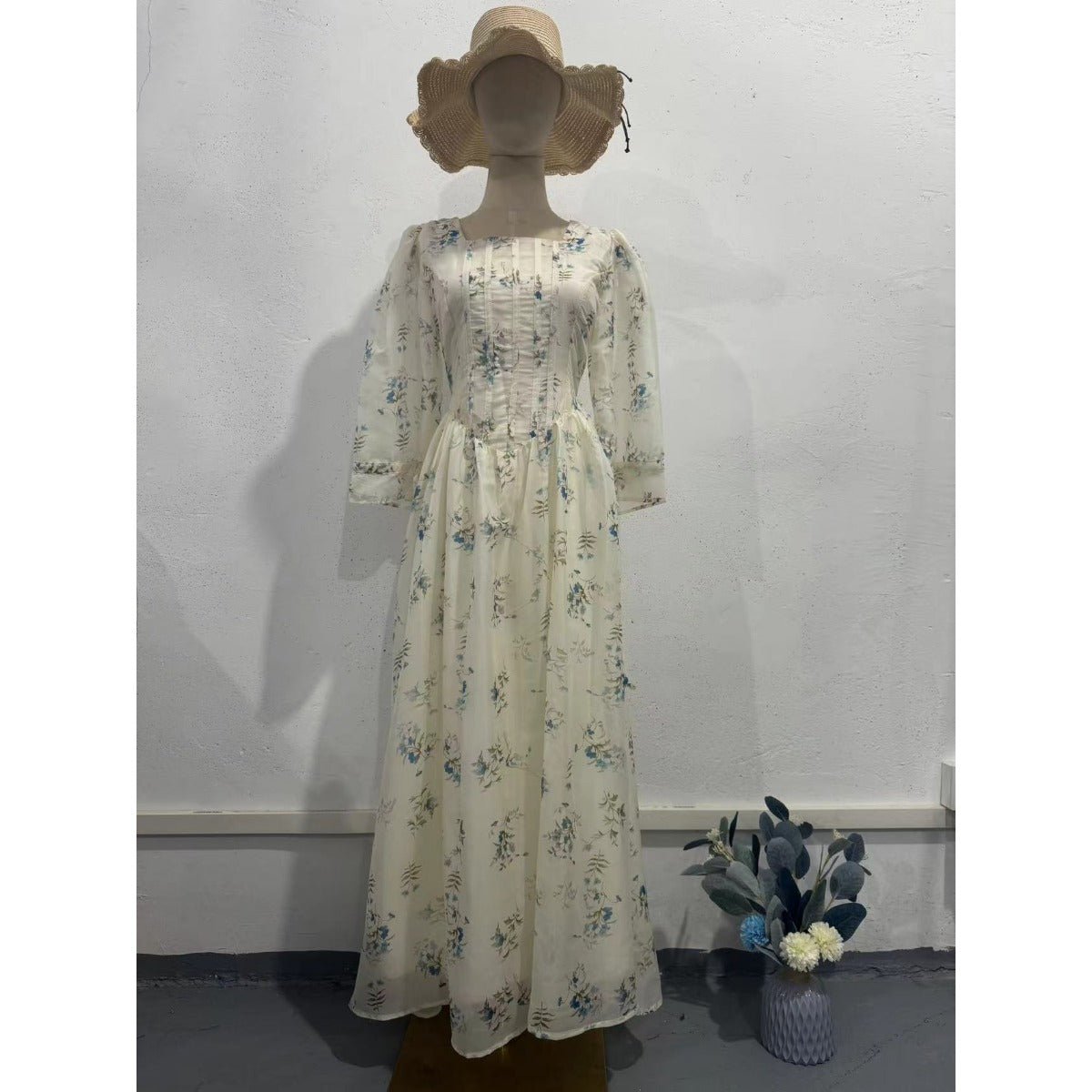 Floral Fairy Romantic Square Neck Bubble Sleeve Gown Dress Abaya with Back Lace-Up Detail (MA224)