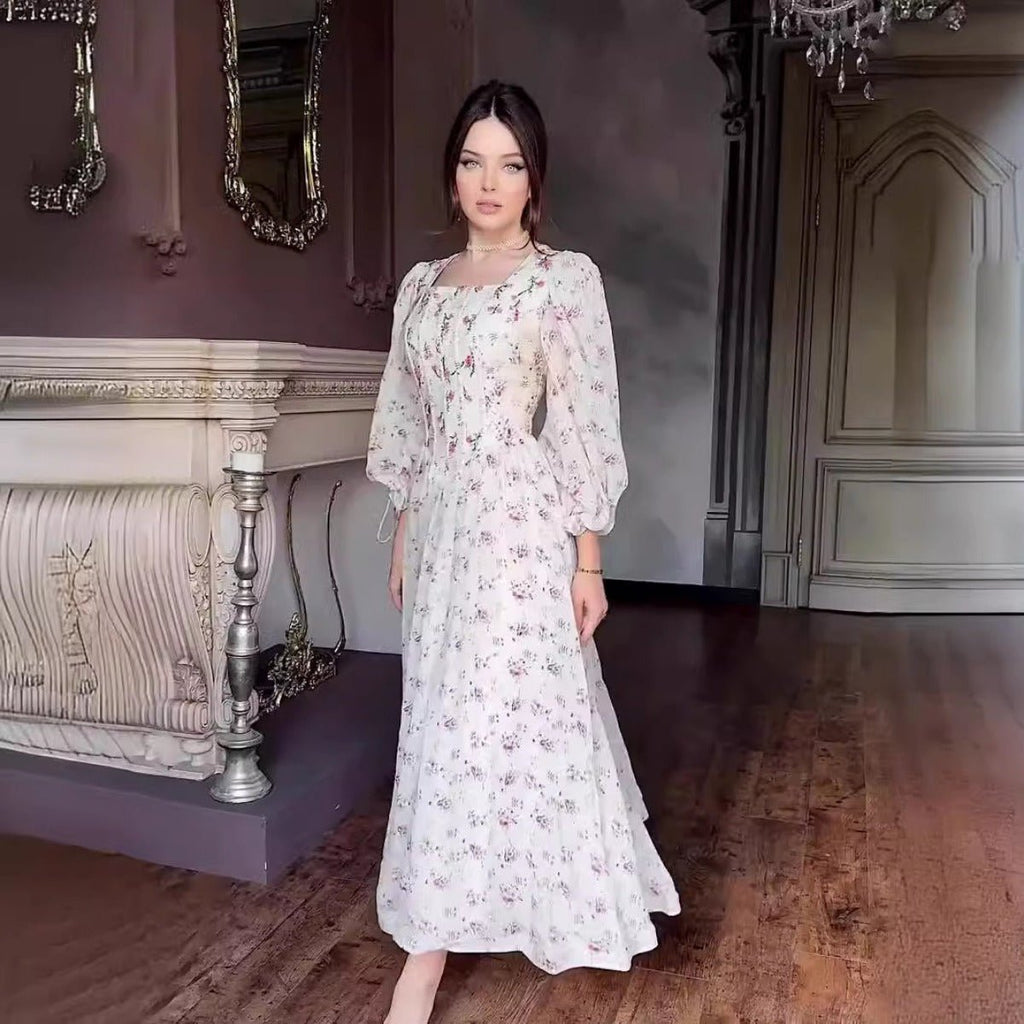 Floral Fairy Romantic Square Neck Bubble Sleeve Gown Dress Abaya with Back Lace-Up Detail (MA224)