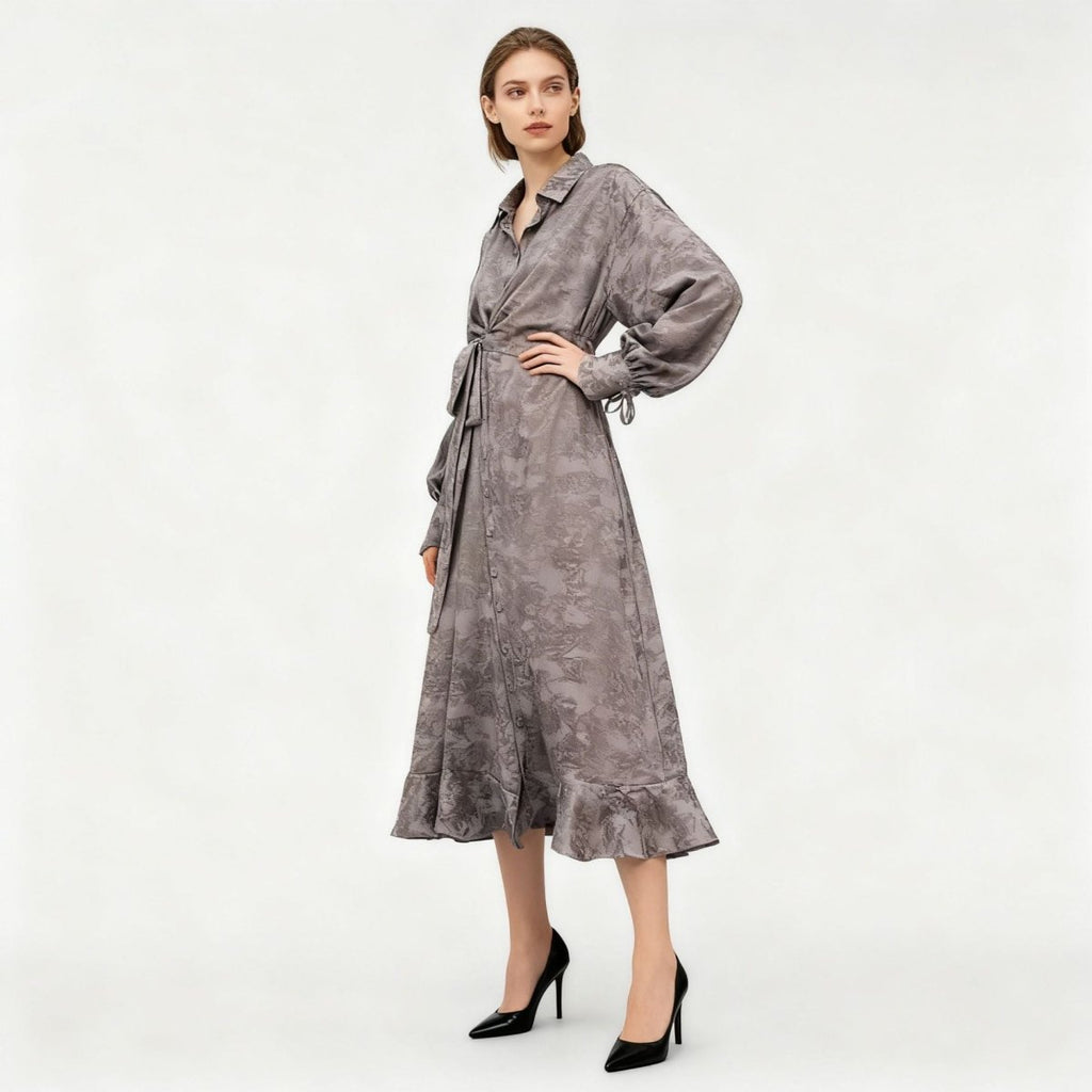 Floral Jacquard Wrap Dress | Collared Tie-Sleeve Maxi Dress(MS257)