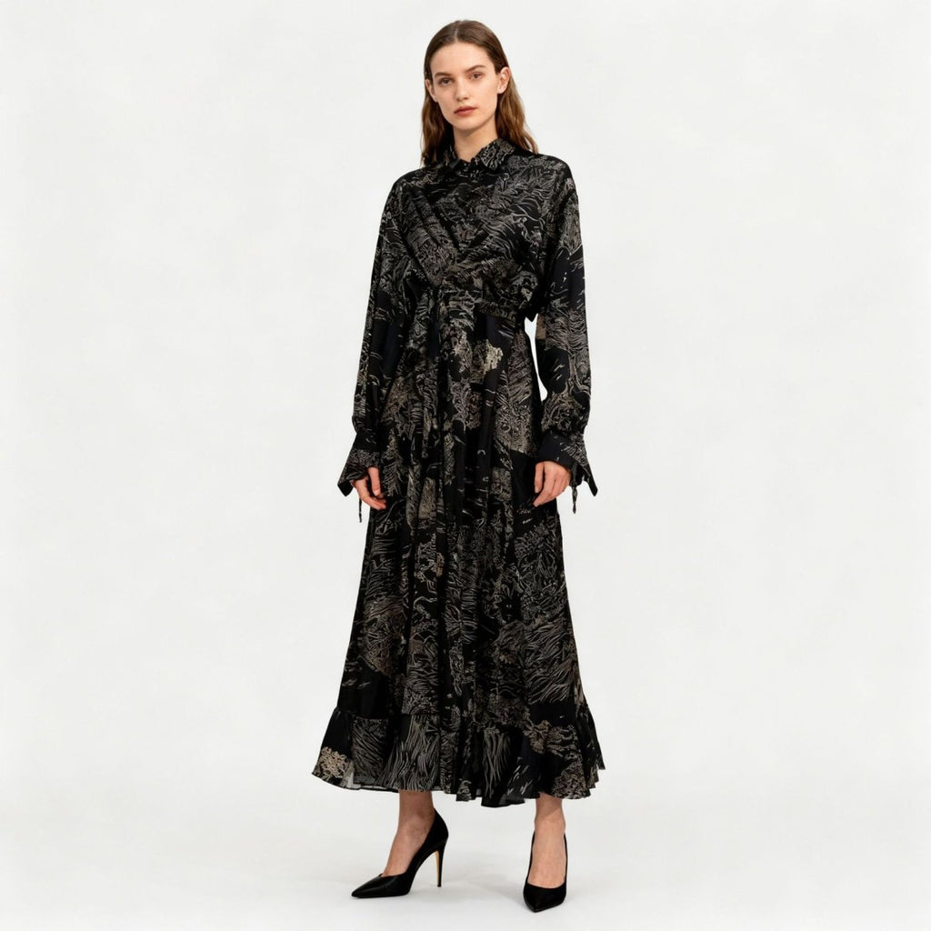 Floral Jacquard Wrap Dress | Collared Tie-Sleeve Maxi Dress(MS257)