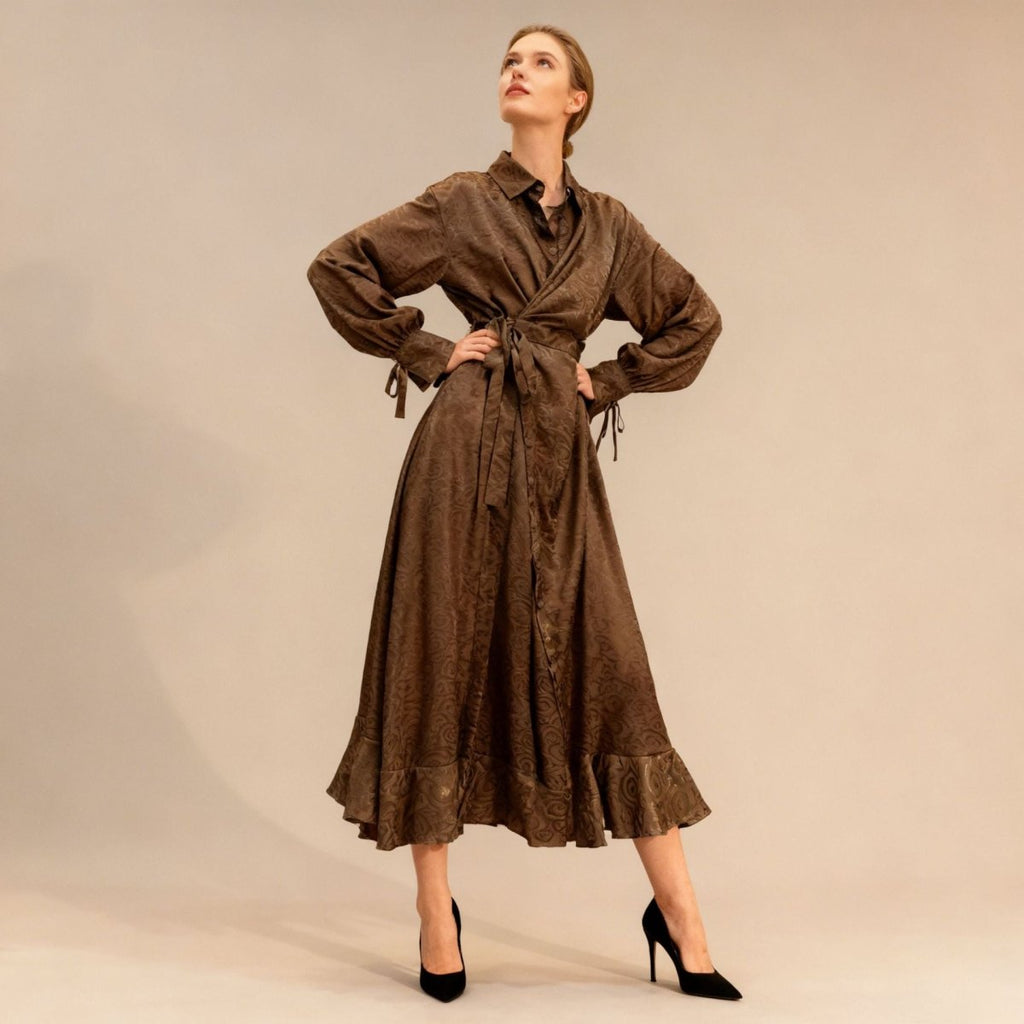 Floral Jacquard Wrap Dress | Collared Tie-Sleeve Maxi Dress(MS257)