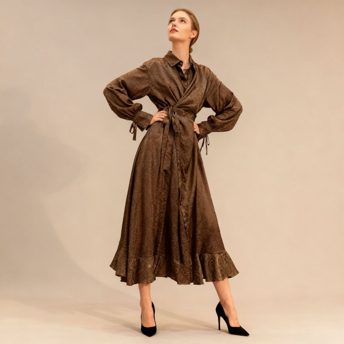 Floral Jacquard Wrap Dress | Collared Tie-Sleeve Maxi Dress(MS257)