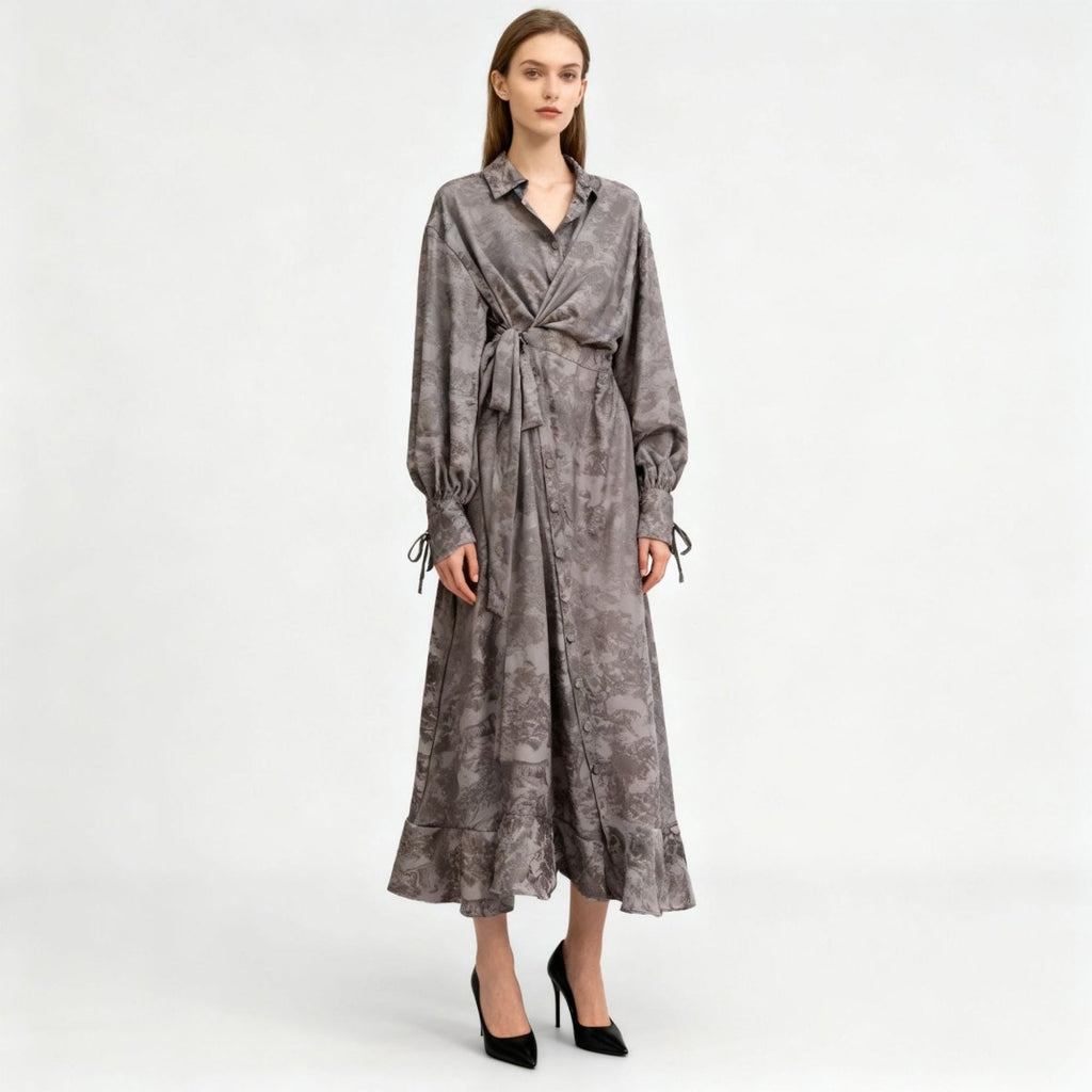 Floral Jacquard Wrap Dress | Collared Tie-Sleeve Maxi Dress(MS257)