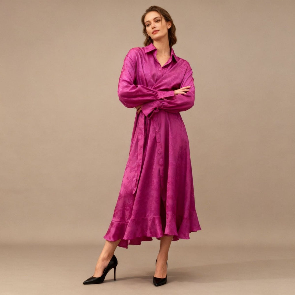 Floral Jacquard Wrap Dress | Collared Tie-Sleeve Maxi Dress(MS257)