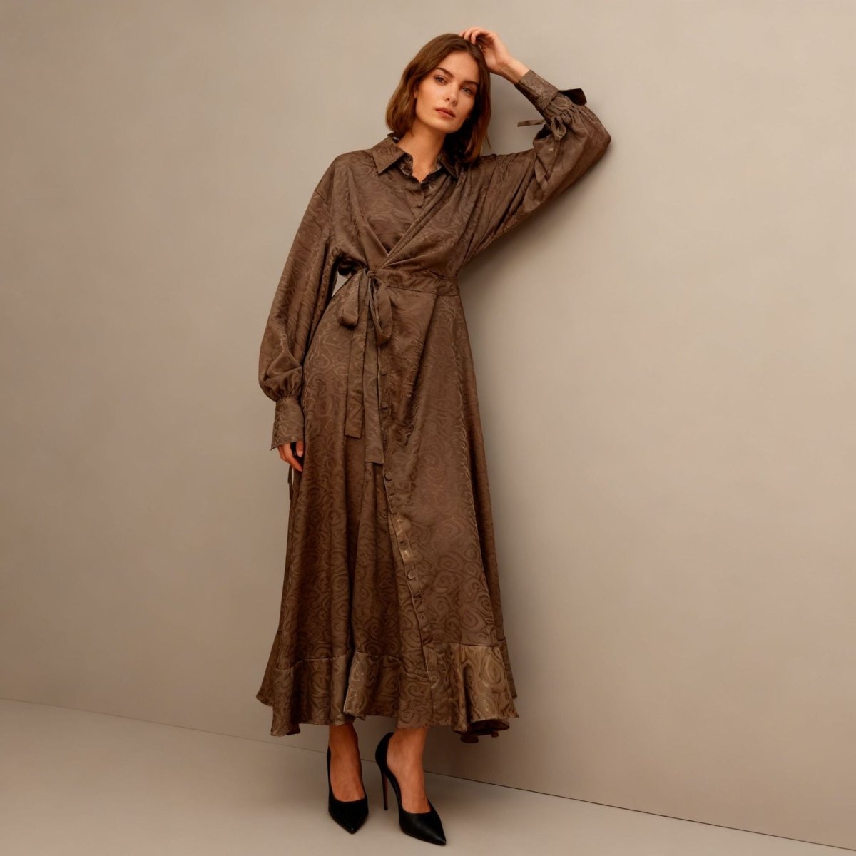 Floral Jacquard Wrap Dress | Collared Tie-Sleeve Maxi Dress(MS257)