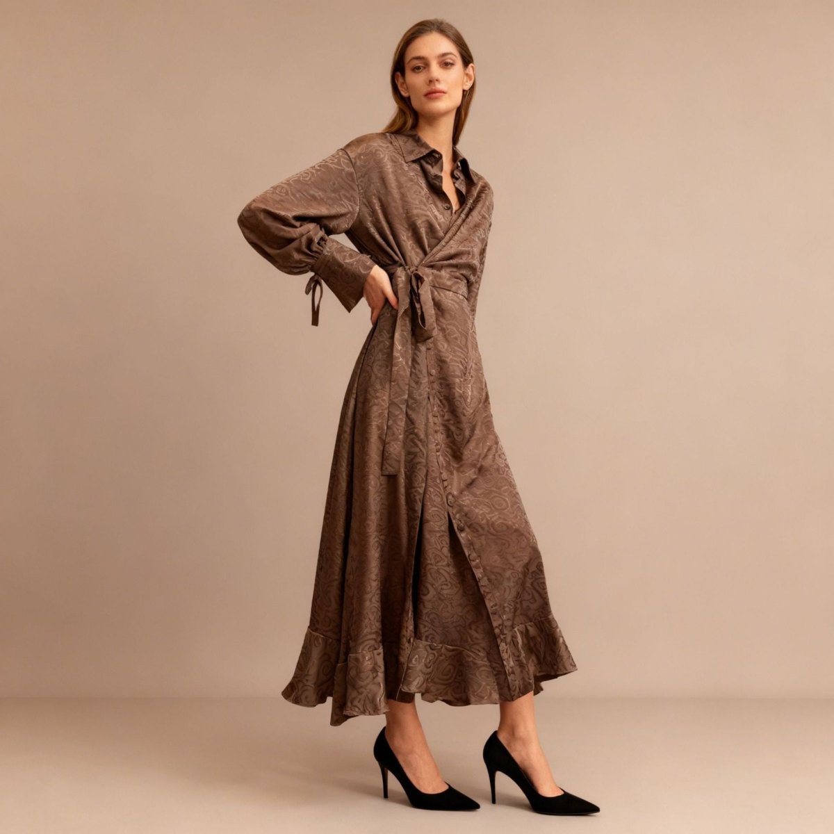 Floral Jacquard Wrap Dress | Collared Tie-Sleeve Maxi Dress(MS257)