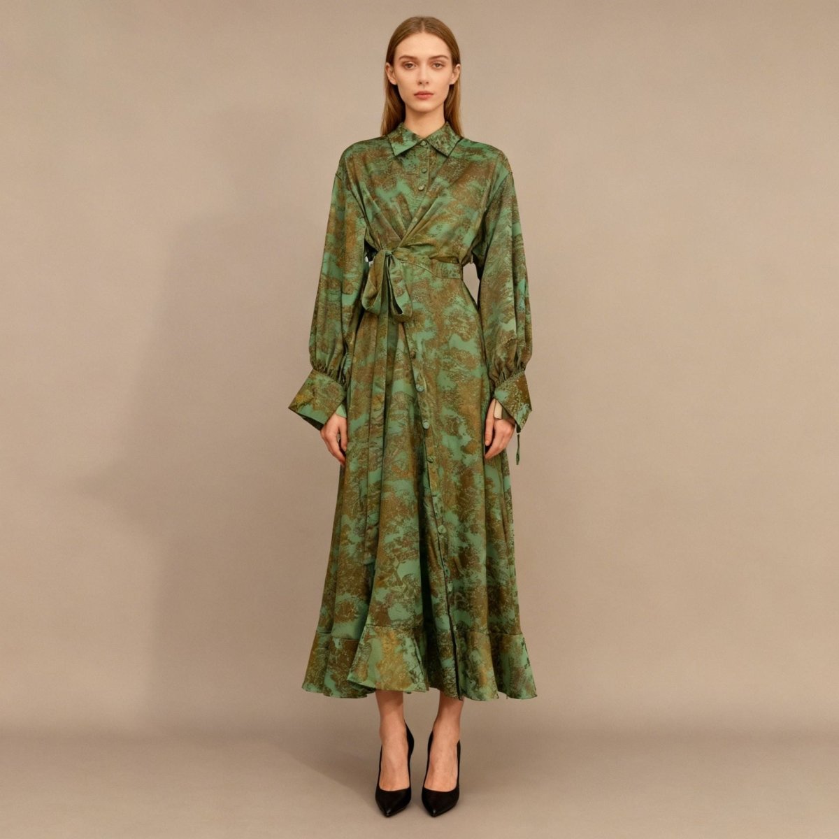 Floral Jacquard Wrap Dress | Collared Tie-Sleeve Maxi Dress(MS257)