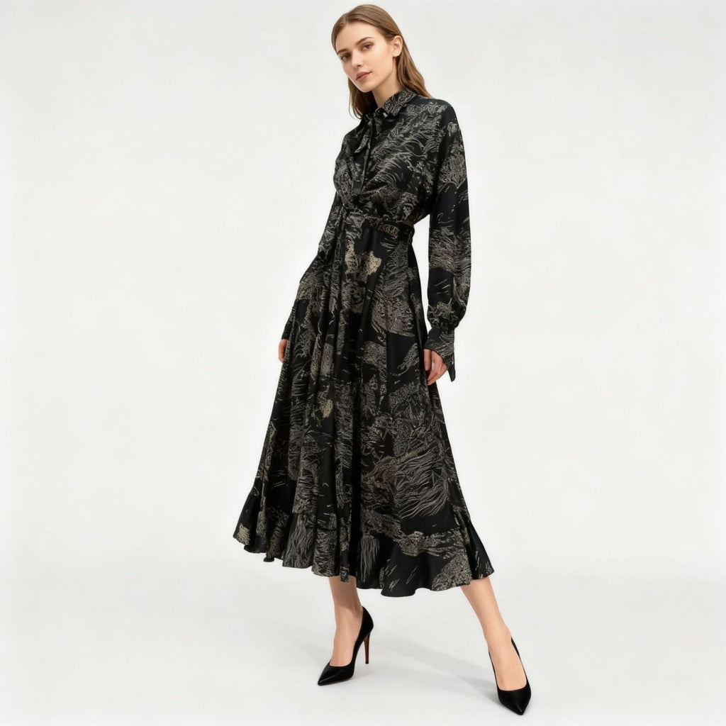 Floral Jacquard Wrap Dress | Collared Tie-Sleeve Maxi Dress(MS257)