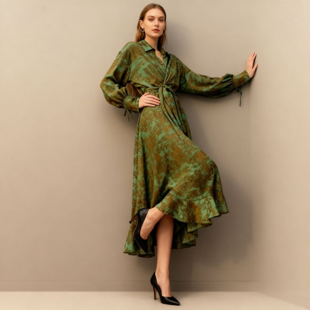 Floral Jacquard Wrap Dress | Collared Tie-Sleeve Maxi Dress(MS257)