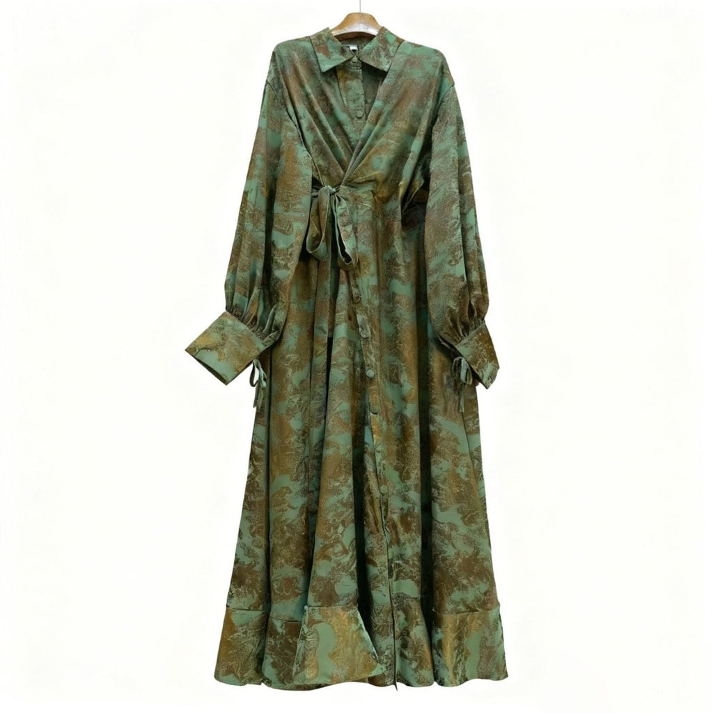 Floral Jacquard Wrap Dress | Collared Tie-Sleeve Maxi Dress(MS257)