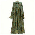 Floral Jacquard Wrap Dress | Collared Tie-Sleeve Maxi Dress(MS257)