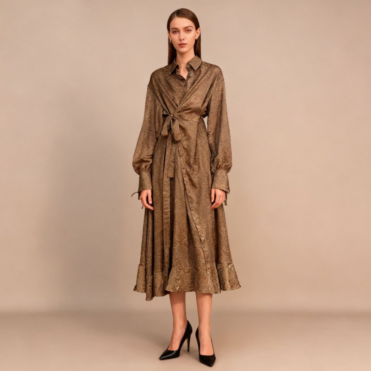 Floral Jacquard Wrap Dress | Collared Tie-Sleeve Maxi Dress(MS257)