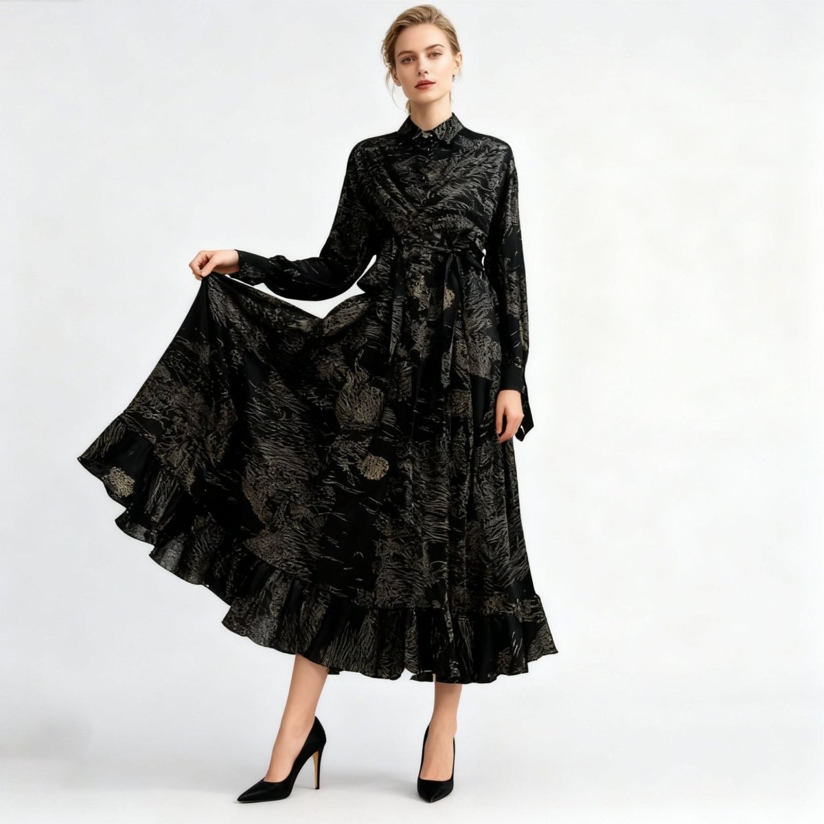 Floral Jacquard Wrap Dress | Collared Tie-Sleeve Maxi Dress(MS257)