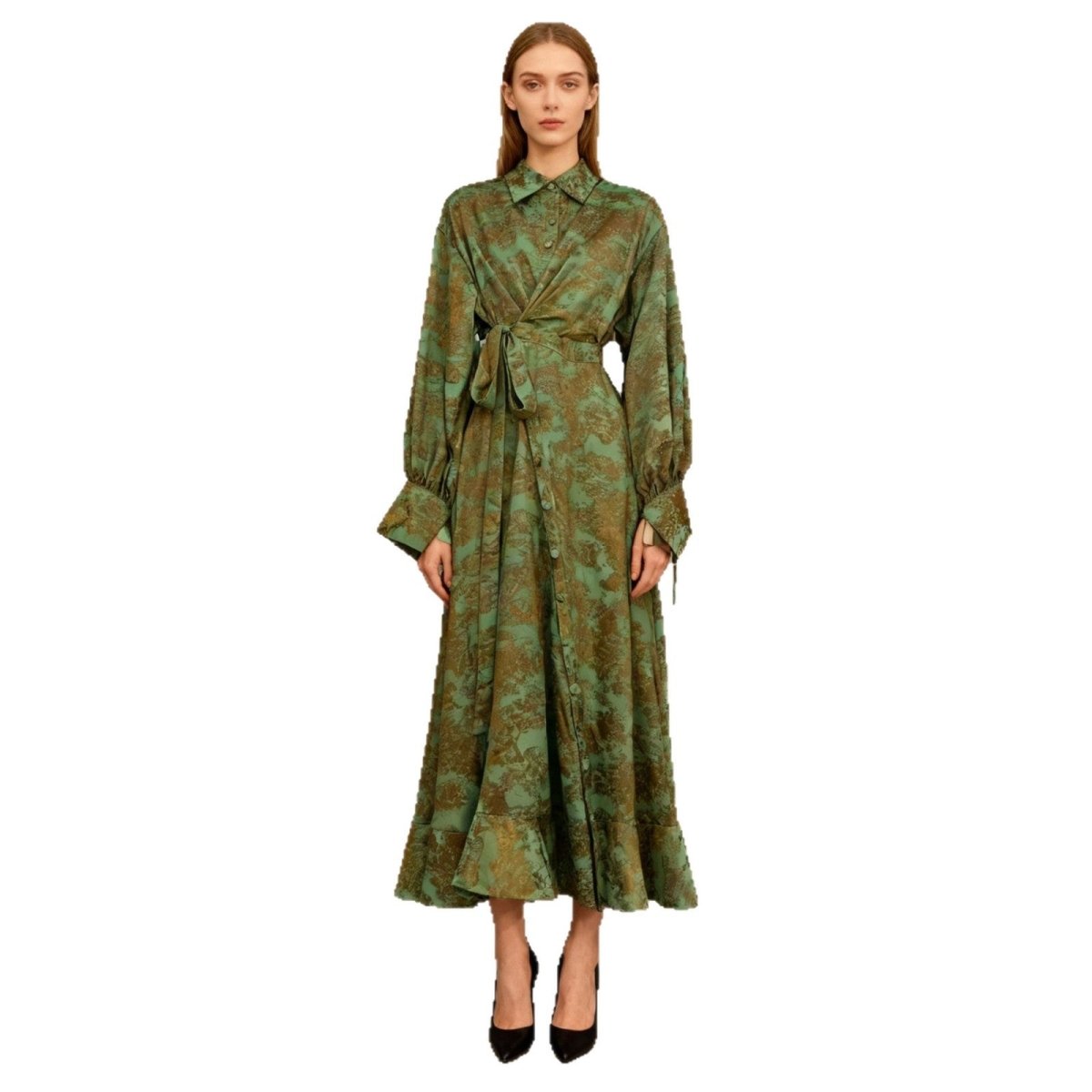 Floral Jacquard Wrap Dress | Collared Tie-Sleeve Maxi Dress(MS257)