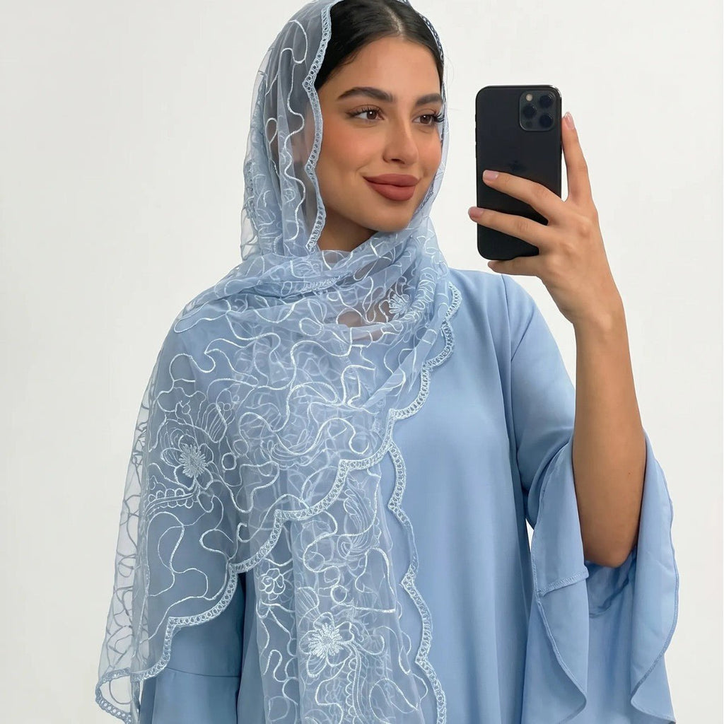 Floral Lace Embroidered Mesh Hijab(MH235)