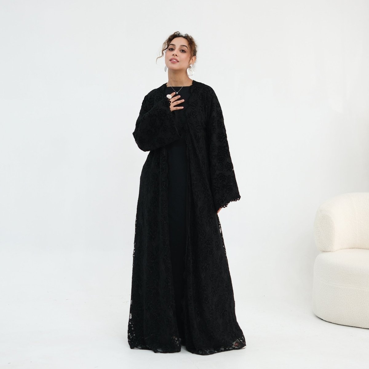Floral Lace Open Abaya with Lining(MOA329)