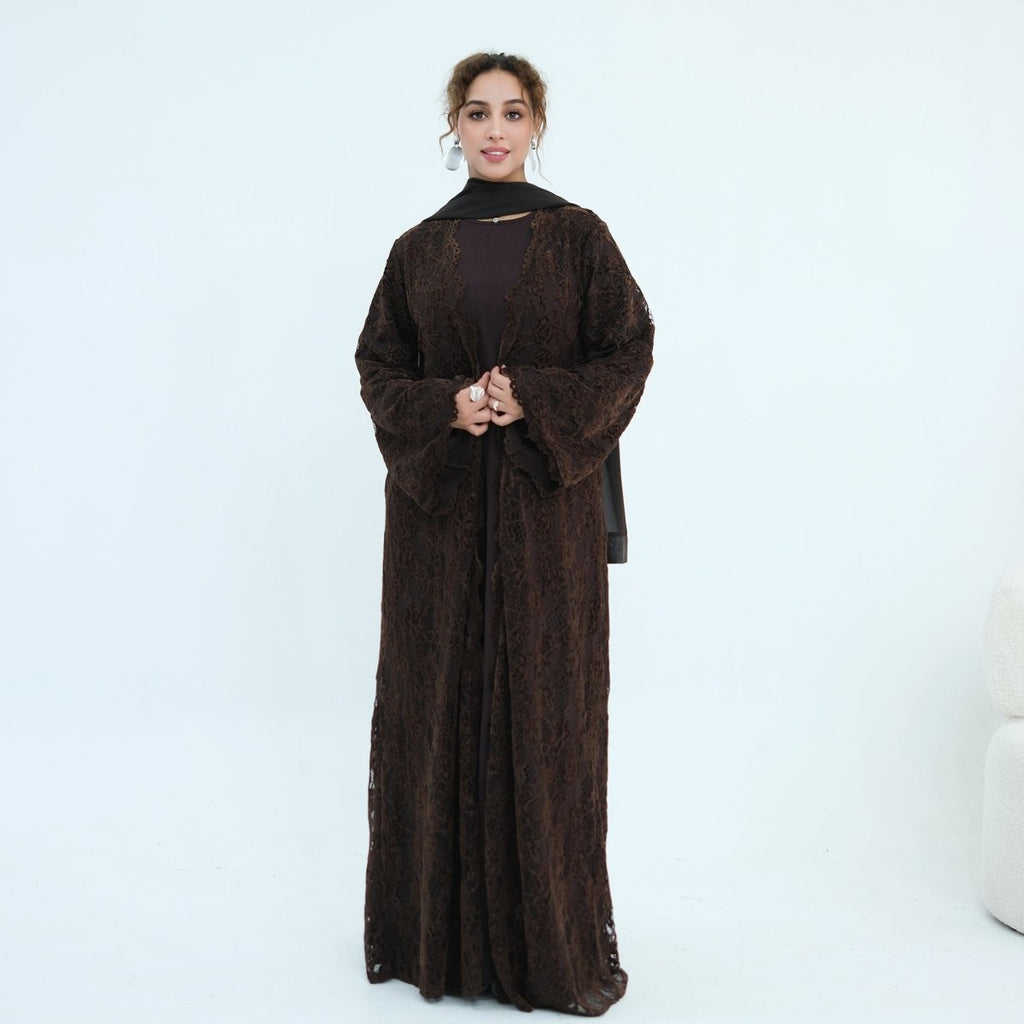 Floral Lace Open Abaya with Lining(MOA329)