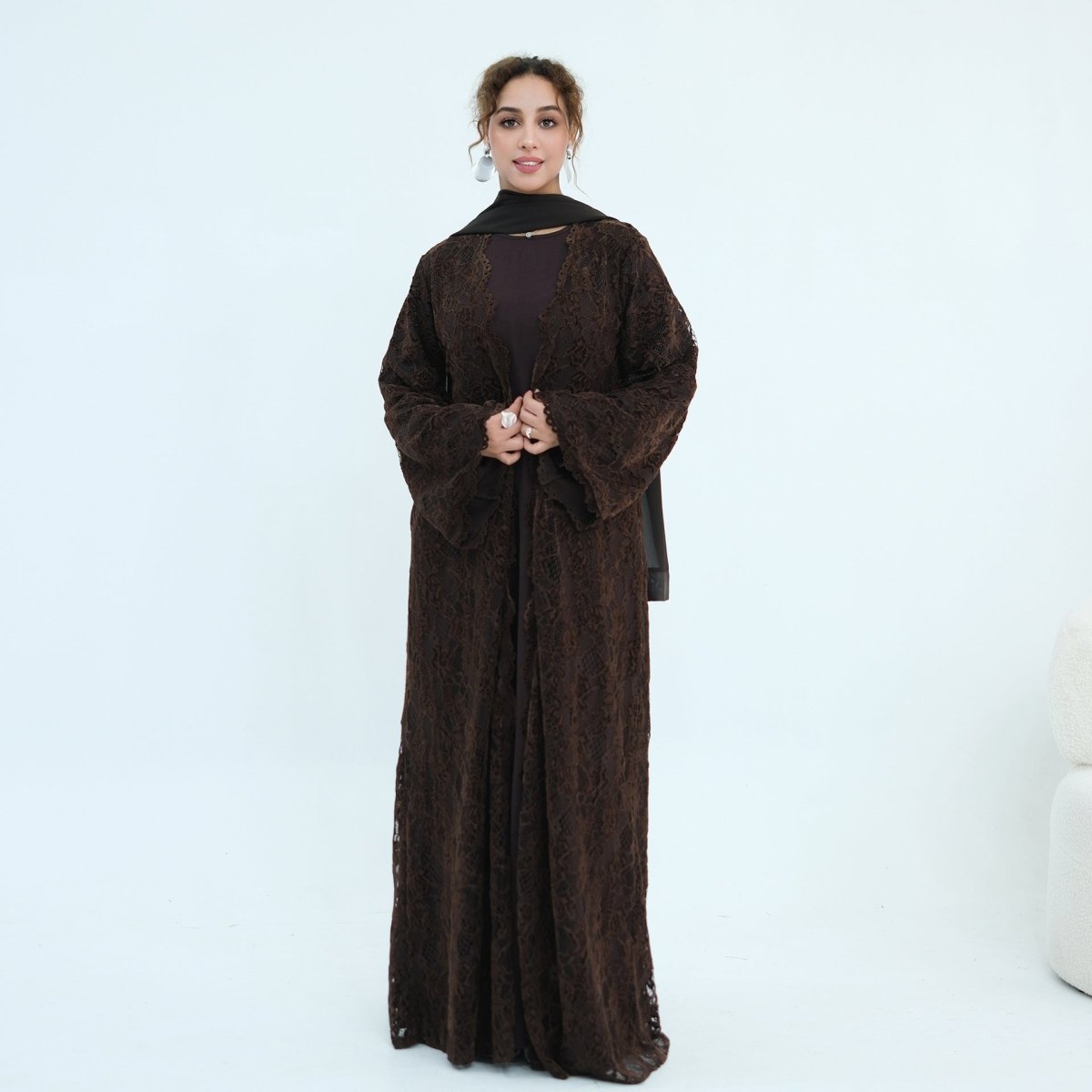Floral Lace Open Abaya with Lining(MOA329)