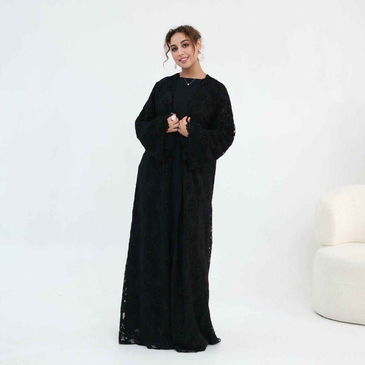 Floral Lace Open Abaya with Lining(MOA329)
