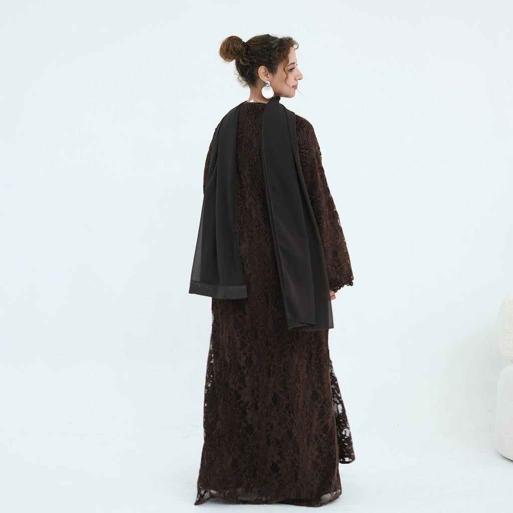 Floral Lace Open Abaya with Lining(MOA329)