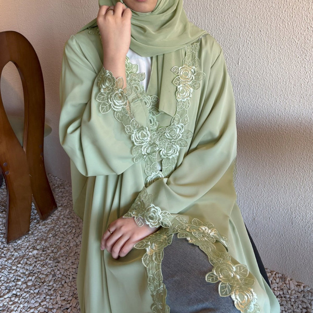 Floral Lace Trim Abaya with Hijab (MOA264)