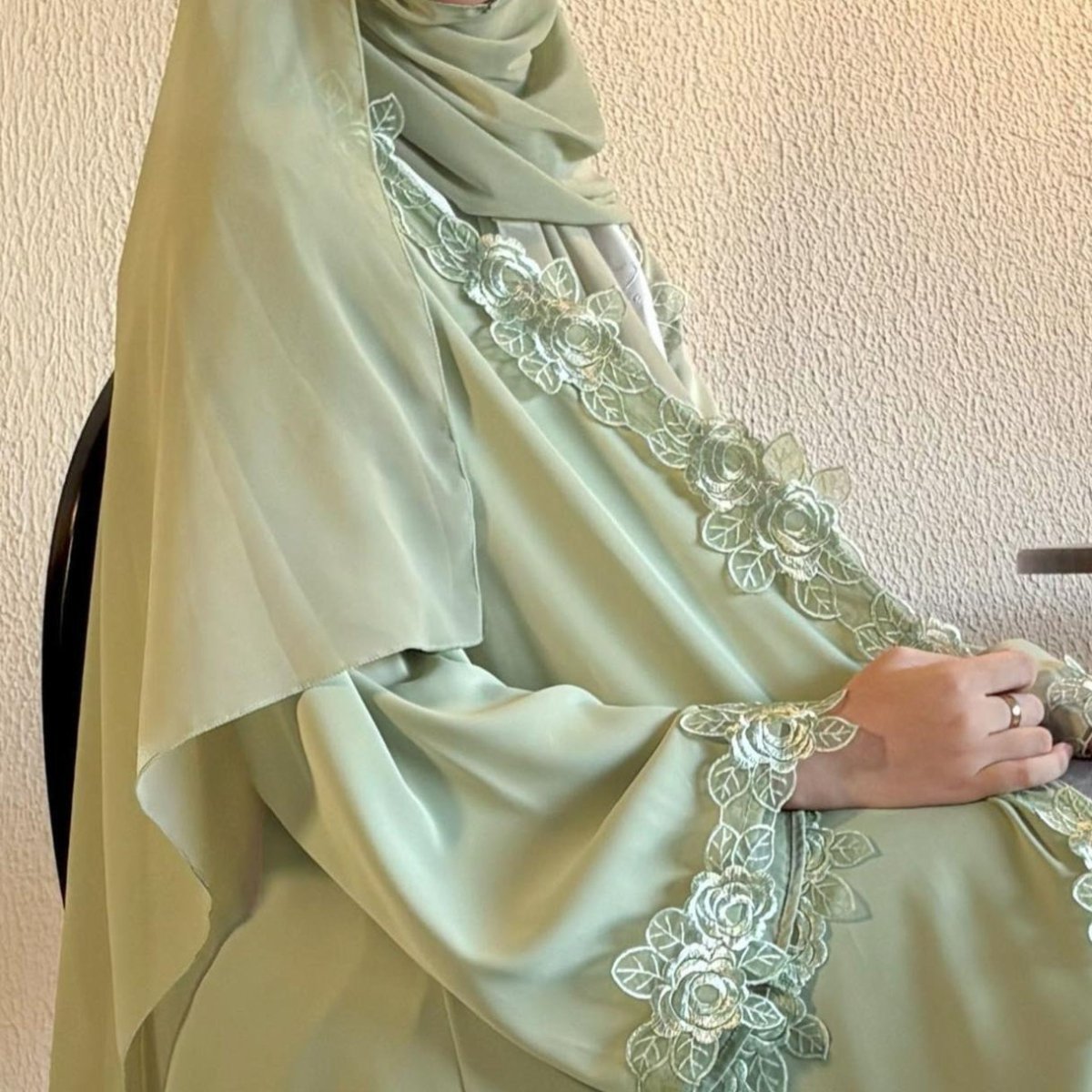 Floral Lace Trim Abaya with Hijab (MOA264)