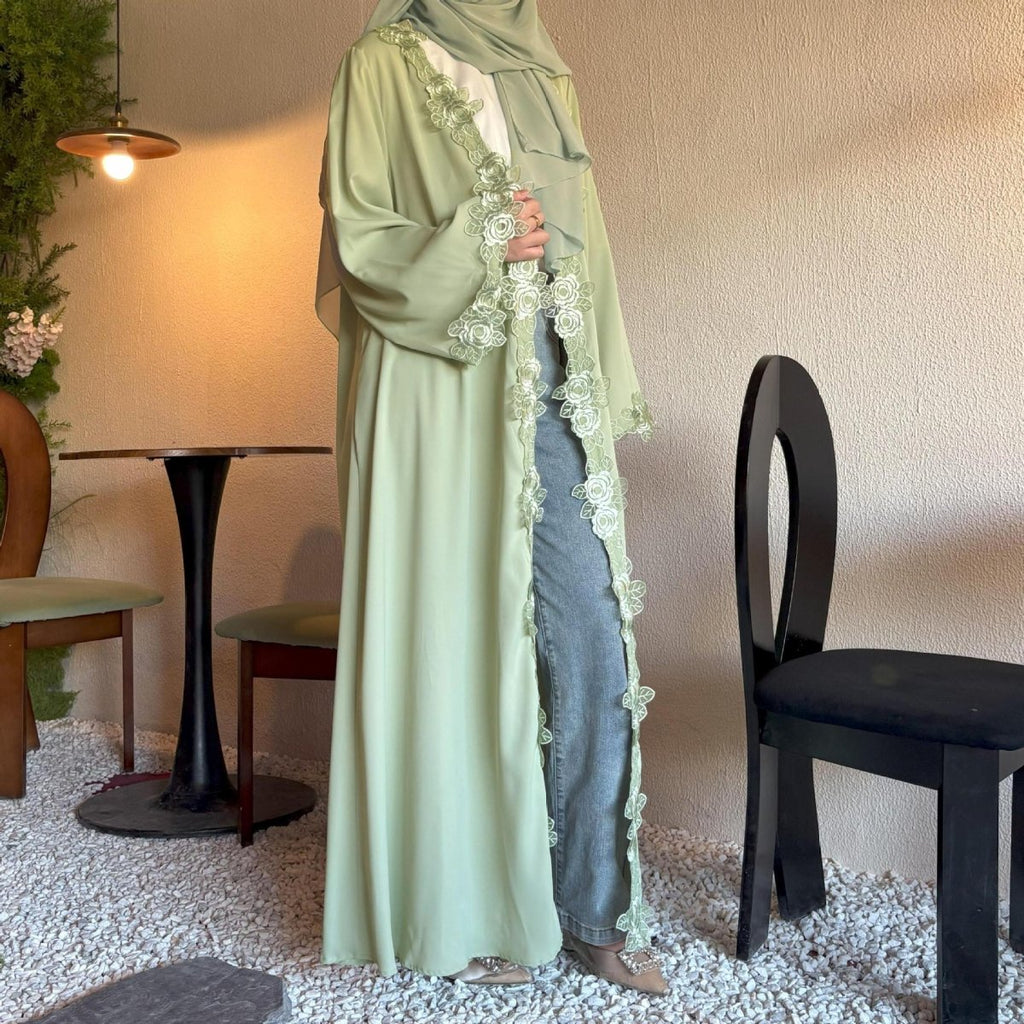 Floral Lace Trim Abaya with Hijab (MOA264)
