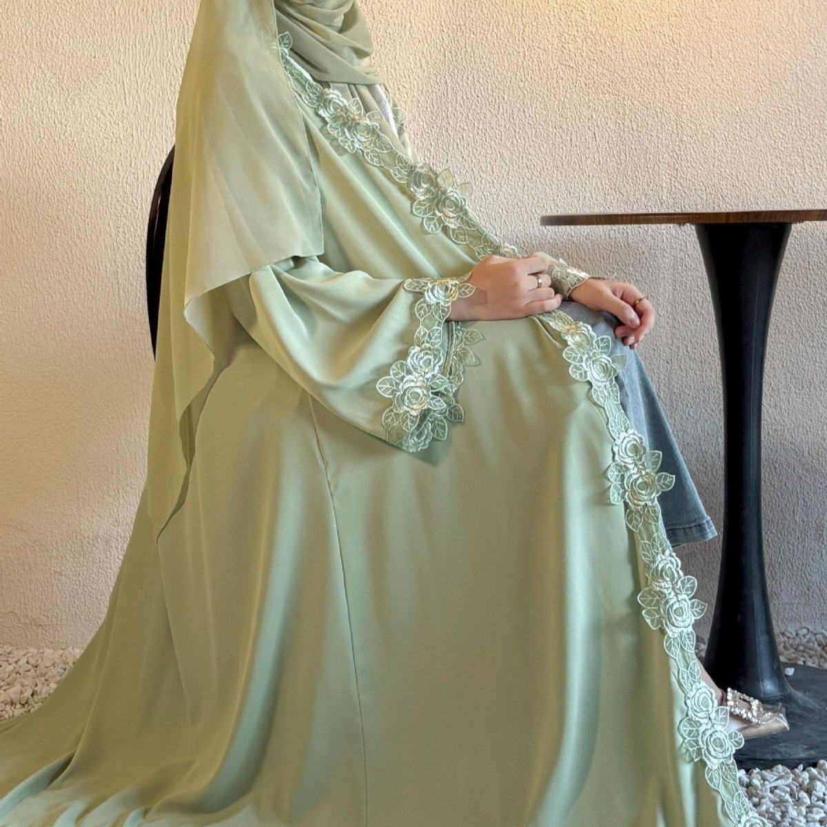 Floral Lace Trim Abaya with Hijab (MOA264)