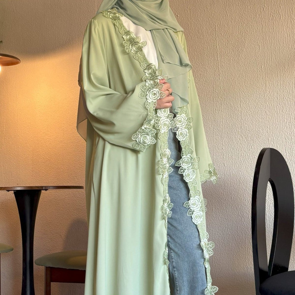 Floral Lace Trim Abaya with Hijab (MOA264)