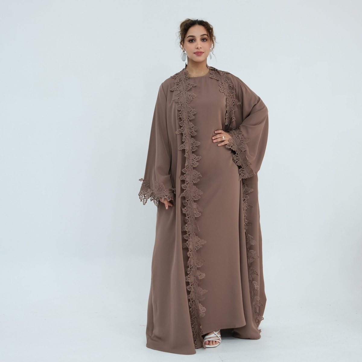 Floral Lace Trim Open Abaya & Sleeveless Inner Dress Set(MOA312)