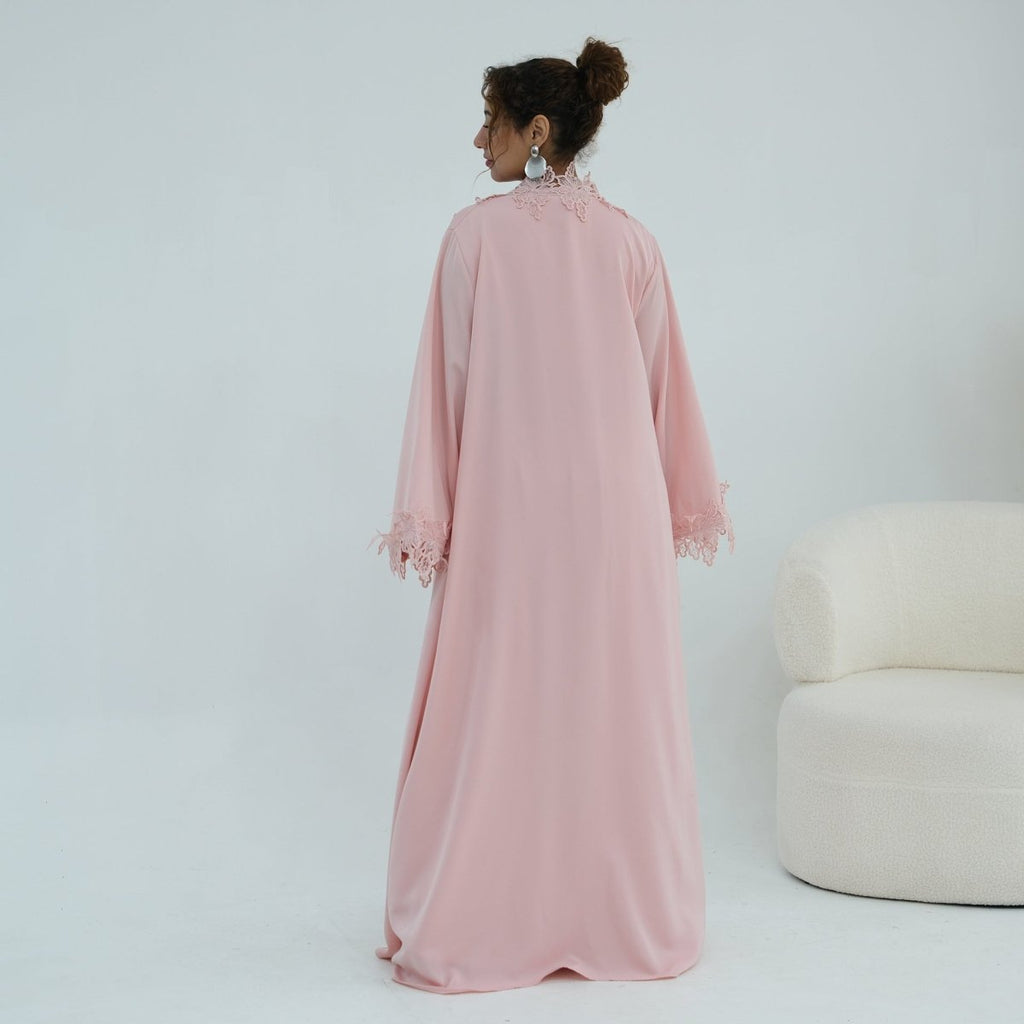 Floral Lace Trim Open Abaya & Sleeveless Inner Dress Set(MOA312)