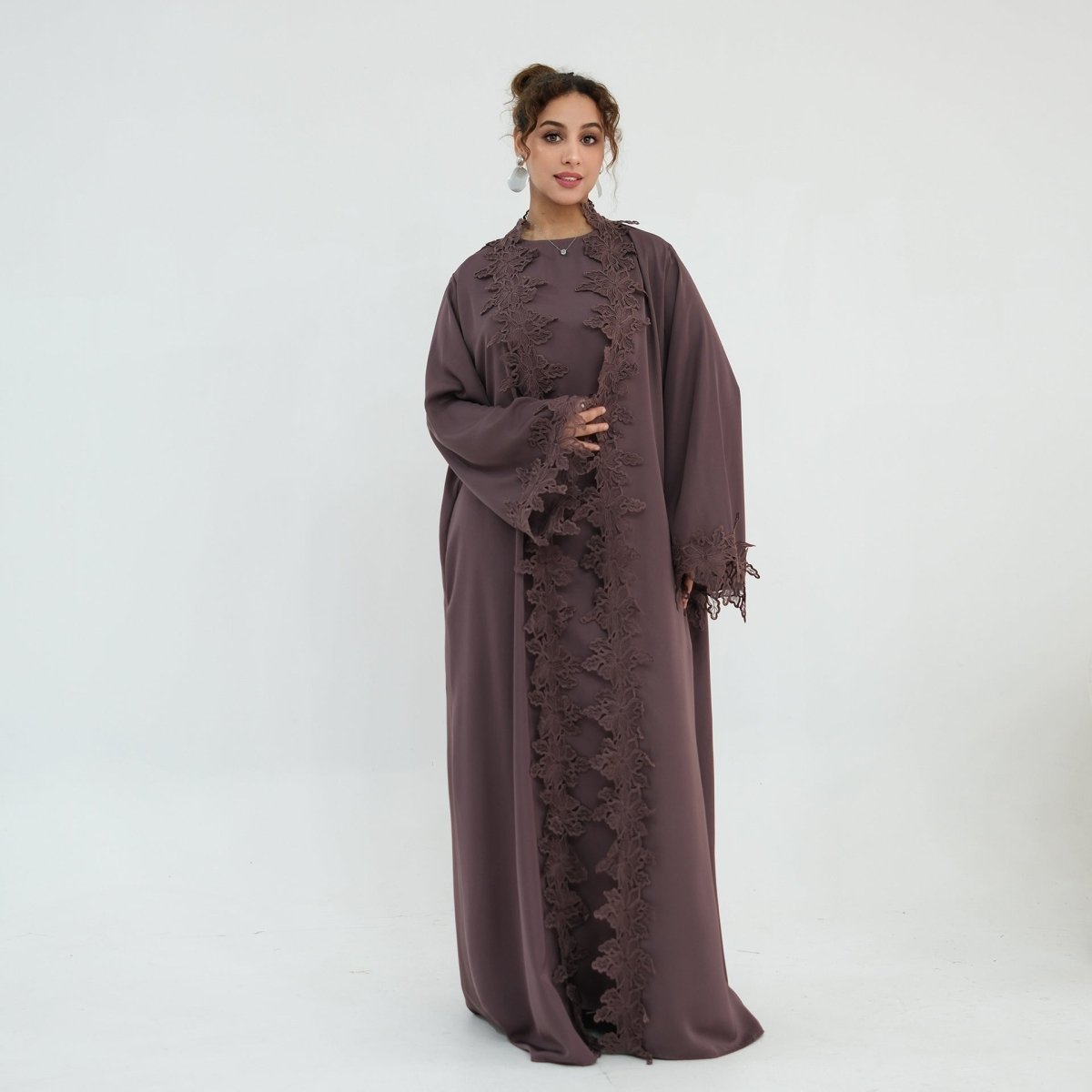 Floral Lace Trim Open Abaya & Sleeveless Inner Dress Set(MOA312)