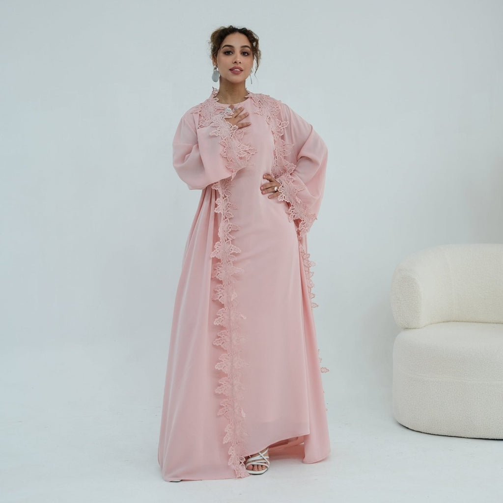 Floral Lace Trim Open Abaya & Sleeveless Inner Dress Set(MOA312)